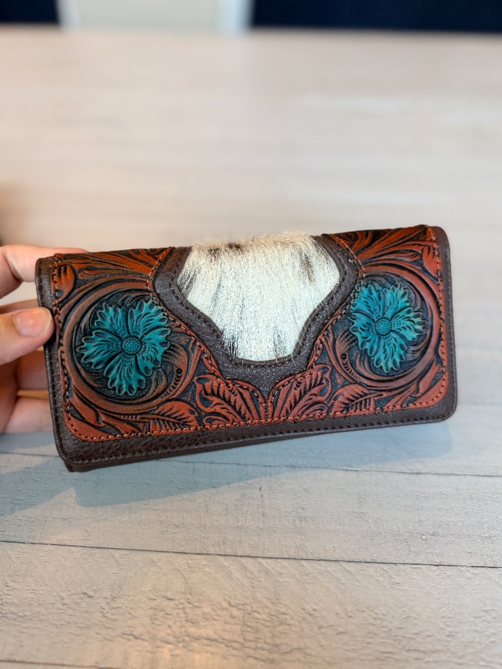 Trinity Ranch Floral Tooled and Hair-On Cowhide Collection Wallet Coffee